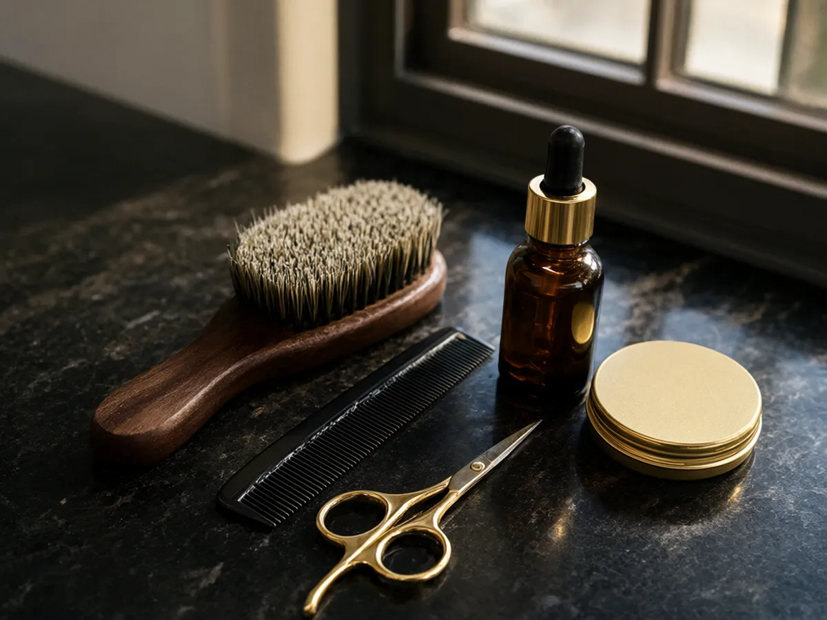 A beard brush, comb, oil bottle, pomade tin and gold scissors on black marble