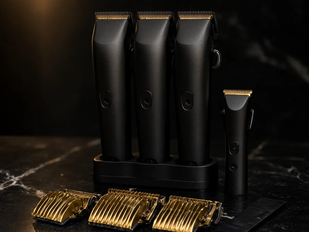 Matte black clippers and a trimmer in a charging dock with gold guards fanned in front