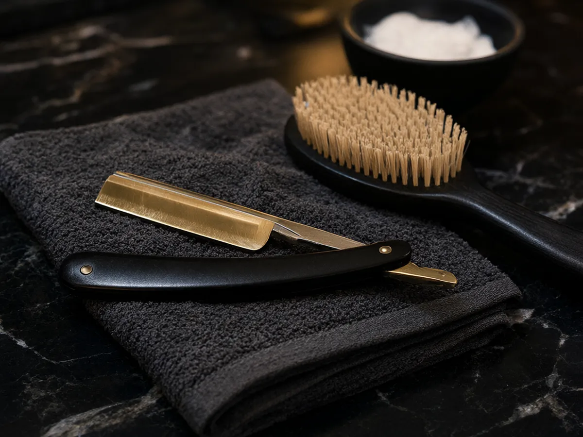 A gold-bladed straight razor on a folded gray hot towel beside a neck brush and a bowl of lather